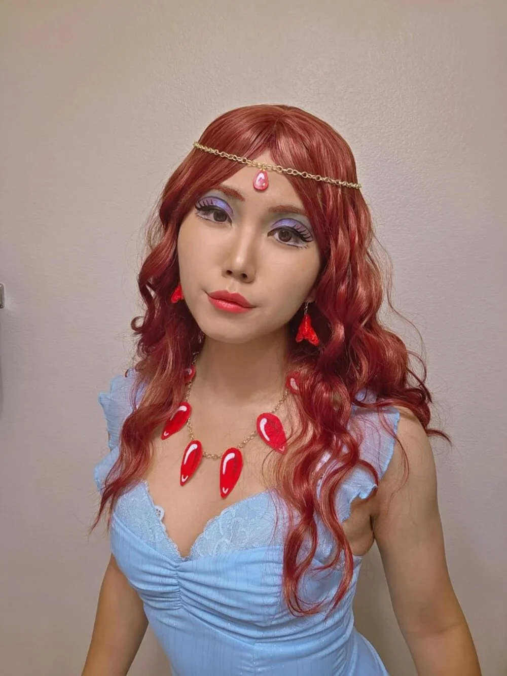 Women's 26 Inch Copper Red Wavy Layered Wig Curtain Bang Butterfly Haircut Style
